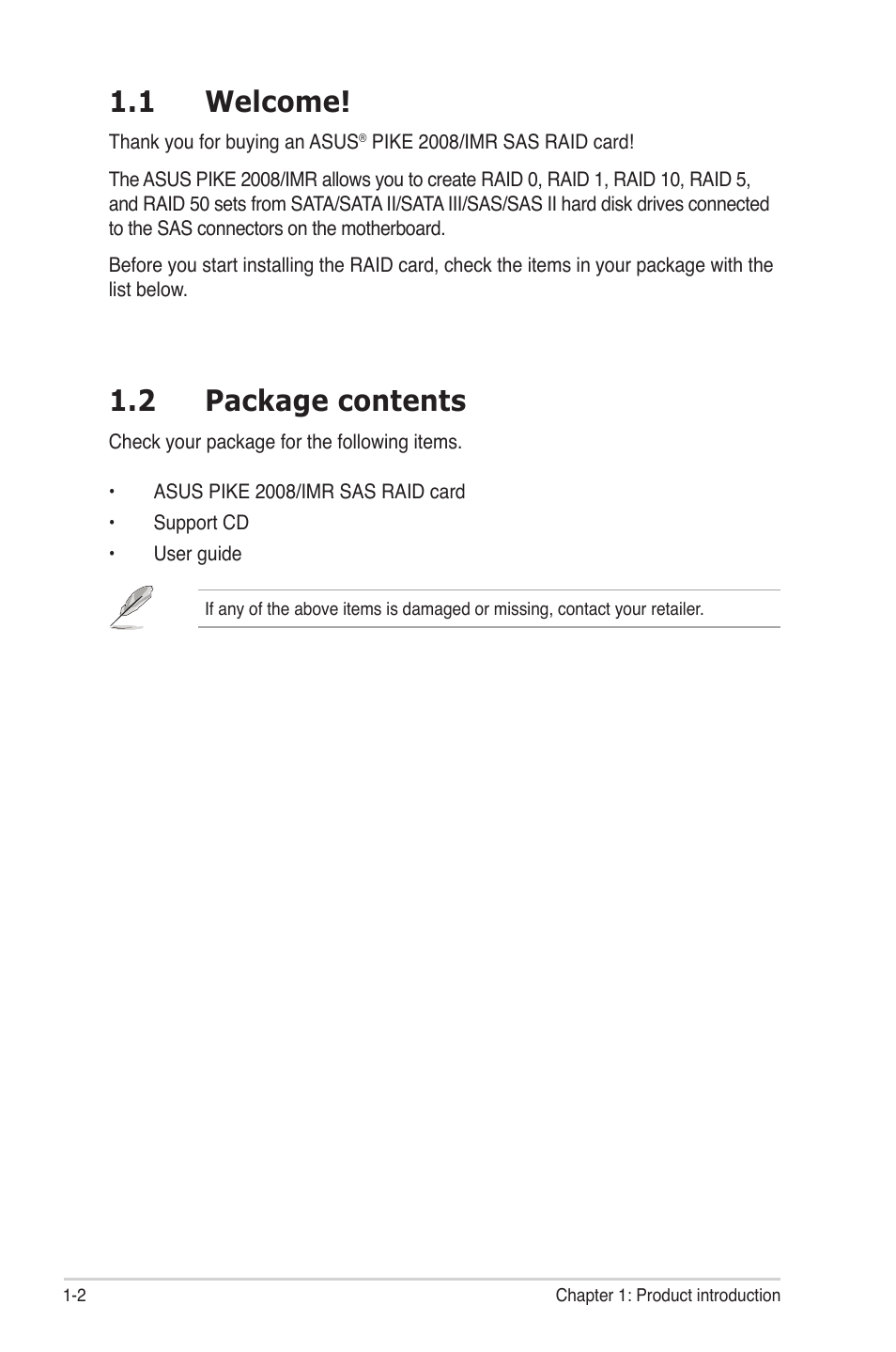 1 welcome, 2 package contents, Welcome! -2 | Package contents -2 | Asus PIKE 2008/IMR User Manual | Page 8 / 72