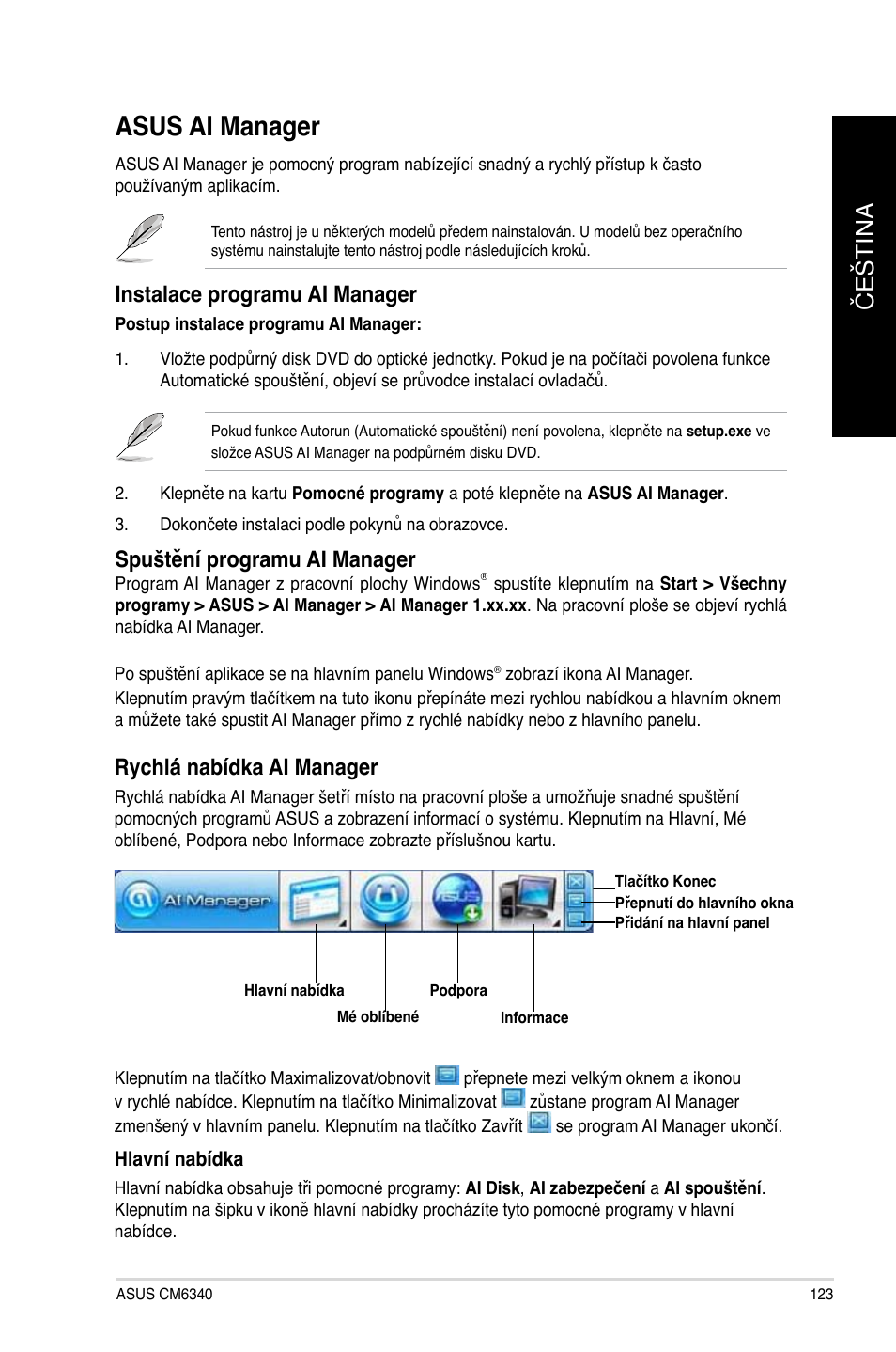 Asus ai manager, Asus ai manager 3, Čeština č eština | Instalace programu ai manager, Spuštění programu ai manager, Rychlá nabídka ai manager | Asus CM6340 User Manual | Page 125 / 492