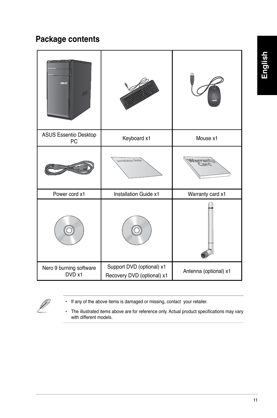 Package contents, English | Asus CM6340 User Manual | Page 13 / 492