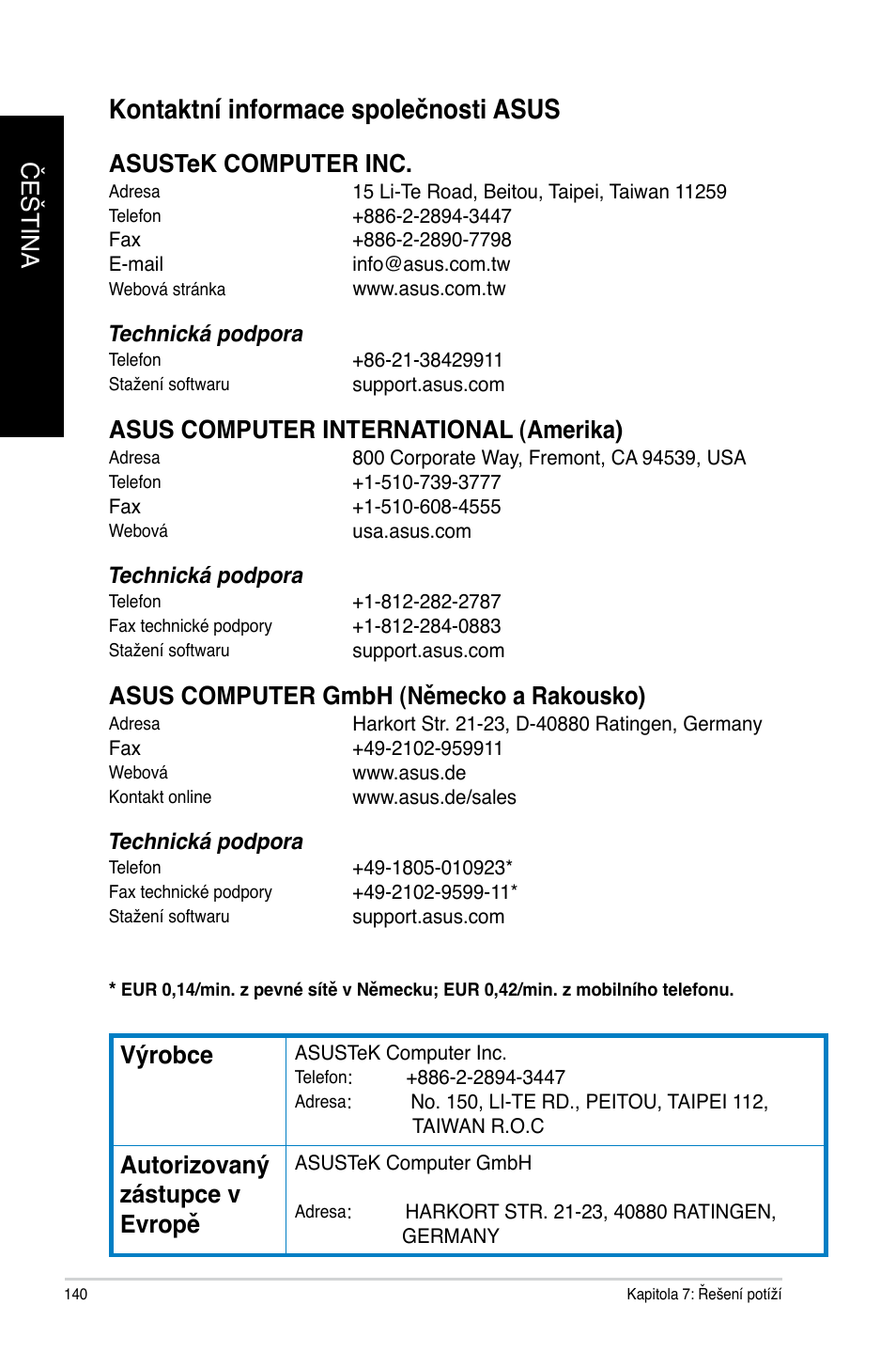 Kontaktní informace společnosti asus, Čeština č eština, Asustek computer inc | Asus computer international (amerika), Asus computer gmbh (německo a rakousko), Výrobce, Autorizovaný zástupce v evropě | Asus CM6340 User Manual | Page 142 / 492