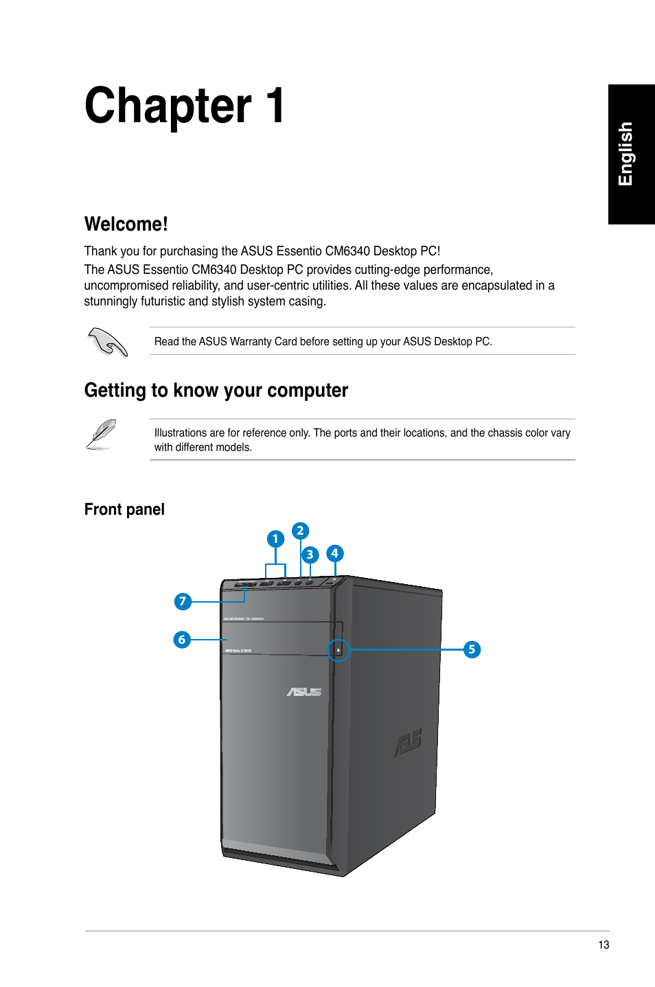 Chapter 1, Getting started, Welcome | Getting to know your computer, Welcome! getting to know your computer | Asus CM6340 User Manual | Page 15 / 492