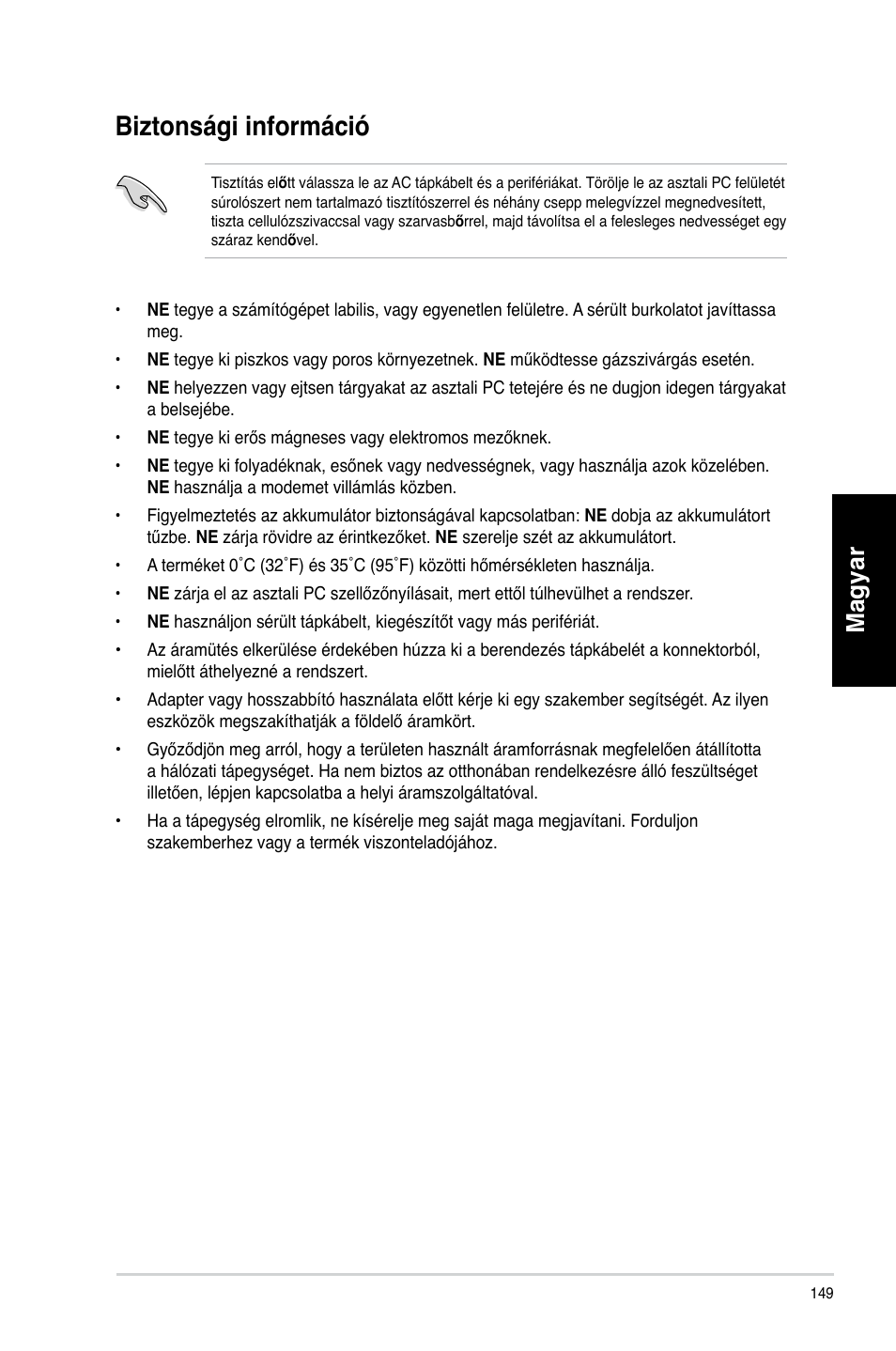 Biztonsági információ, Magyar | Asus CM6340 User Manual | Page 151 / 492