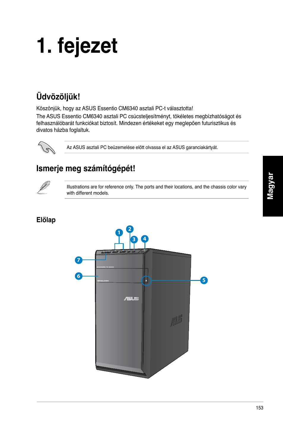 Fejezet, Első lépések, Üdvözöljük | Ismerje meg számítógépét, Fe�ezet, Üdvözöljük! ismerje meg számítógépét, Ismer�e meg számítógépét, Üdvözöl�ük | Asus CM6340 User Manual | Page 155 / 492