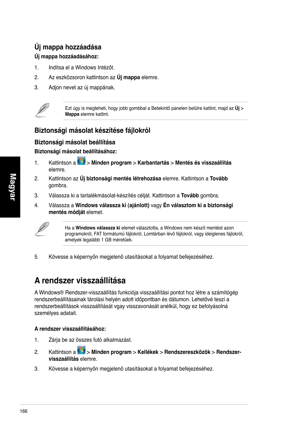 A rendszer visszaállítása, Magyar, Ú� mappa hozzáadása | Biztonsági másolat készítése fá�lokról | Asus CM6340 User Manual | Page 168 / 492