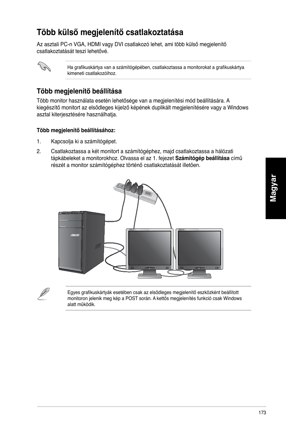 Több külső megjelenítő csatlakoztatása, Több külső meg�elenítő csatlakoztatása, Magyar | Több meg�elenítő beállítása | Asus CM6340 User Manual | Page 175 / 492