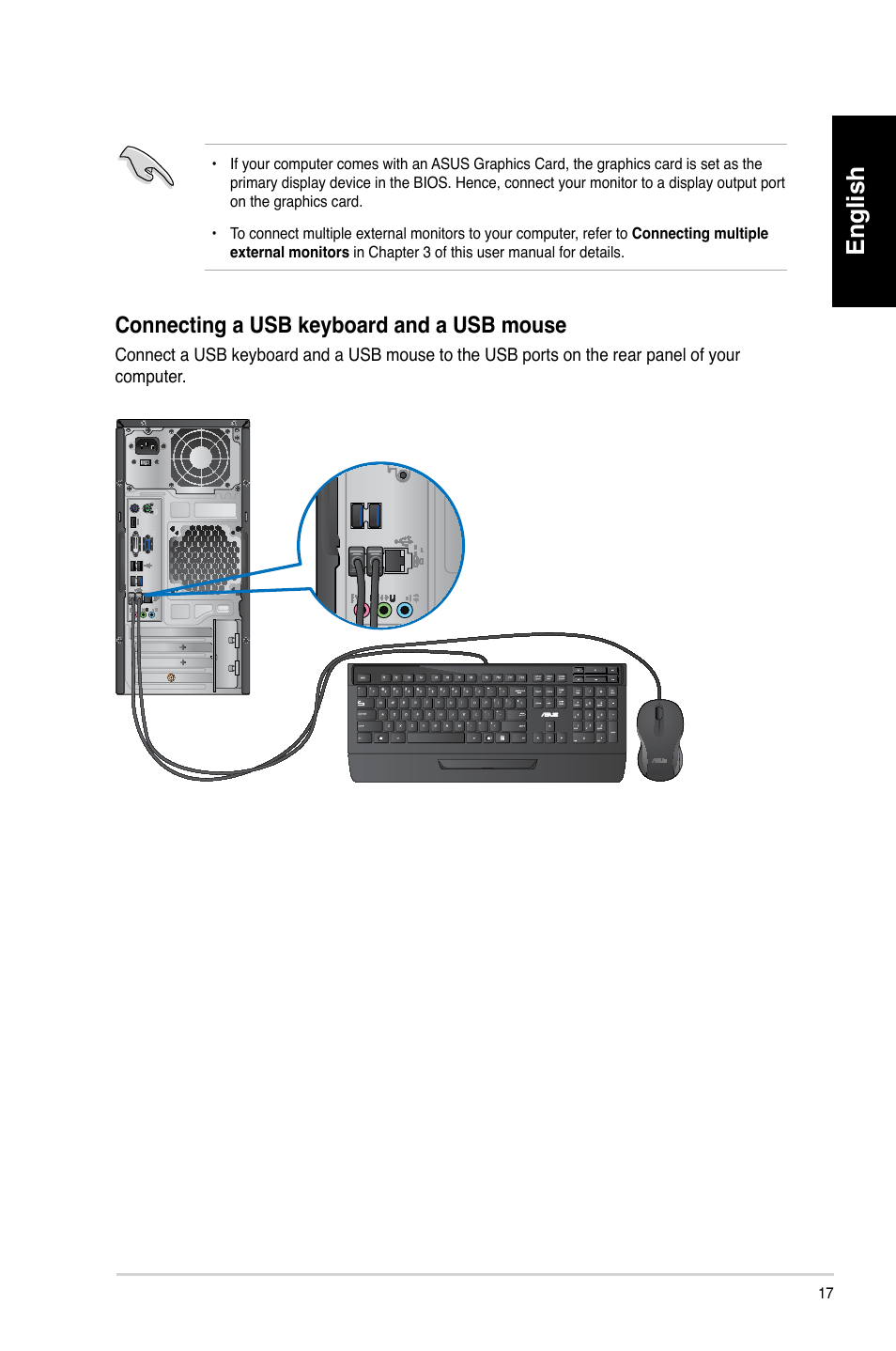 English, Connecting a usb keyboard and a usb mouse | Asus CM6340 User Manual | Page 19 / 492