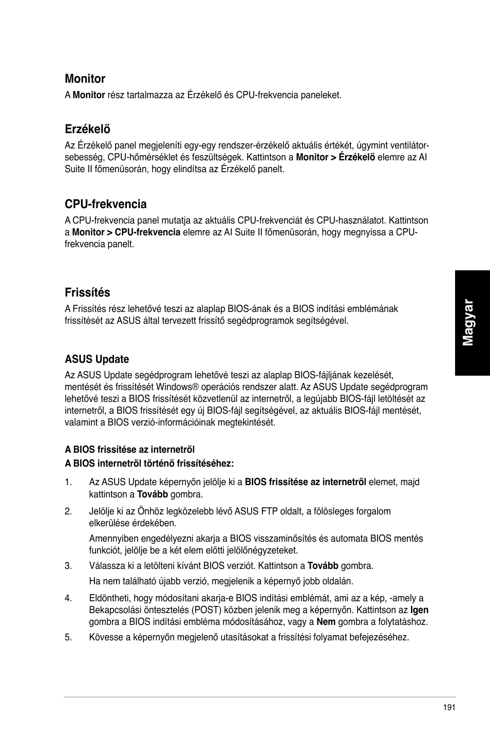 Magyar, Erzékelő, Cpu-frekvencia | Monitor, Frissítés | Asus CM6340 User Manual | Page 193 / 492