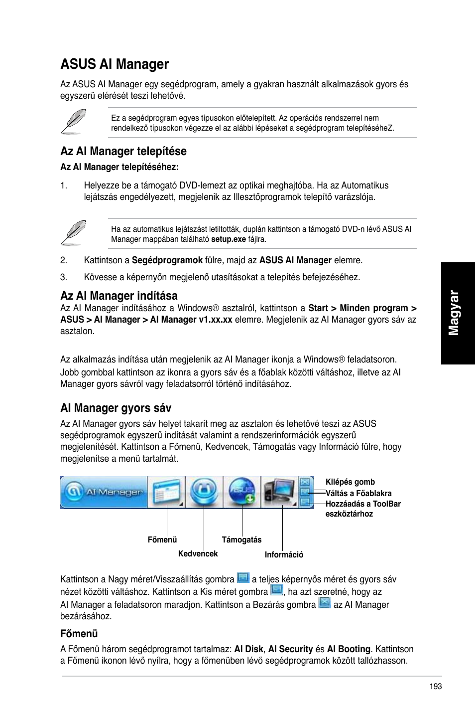 Asus ai manager, Magyar, Az ai manager telepítése | Az ai manager indítása, Ai manager gyors sáv | Asus CM6340 User Manual | Page 195 / 492