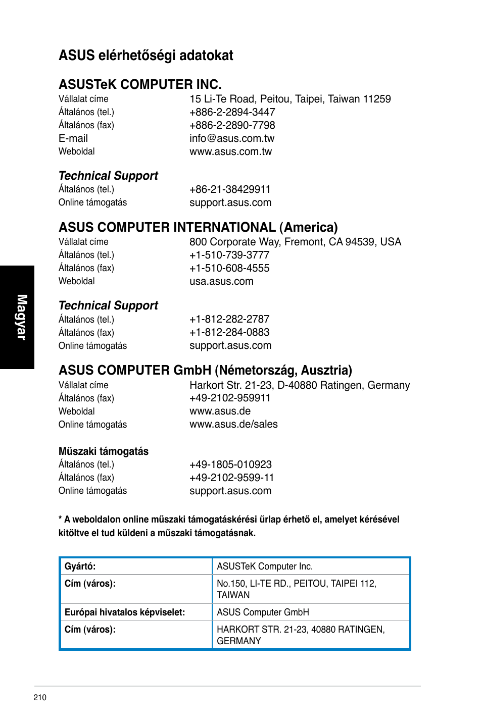 Asus elérhetőségi adatokat, Magyar, Asustek computer inc | Asus computer international (america), Asus computer gmbh (németország, ausztria) | Asus CM6340 User Manual | Page 212 / 492