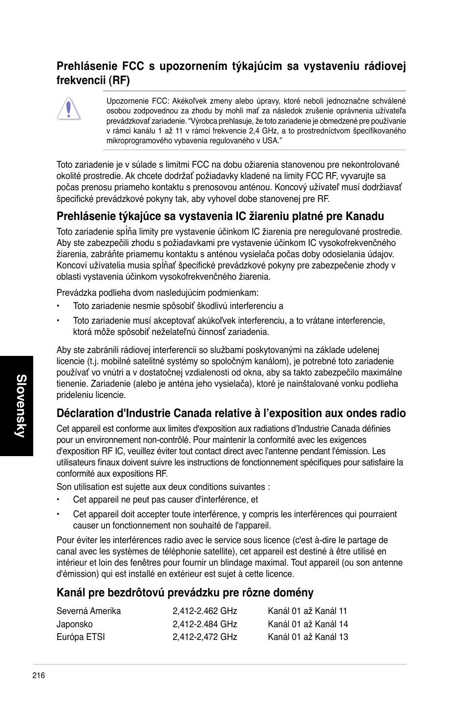 Slovensky, Kanál pre bezdrôtovú prevádzku pre rôzne domény | Asus CM6340 User Manual | Page 218 / 492