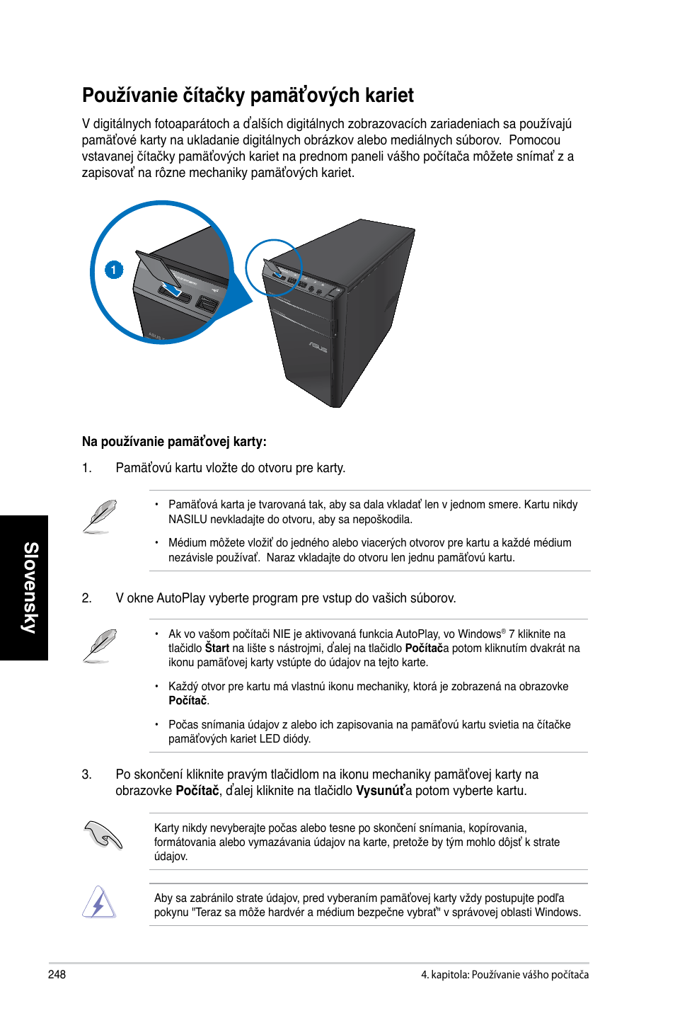 Používanie čítačky pamäťových kariet, Slovensky | Asus CM6340 User Manual | Page 250 / 492