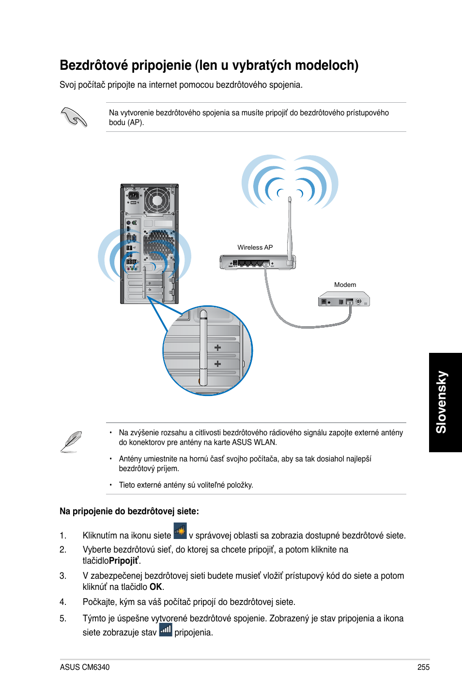 Bezdrôtové pripojenie (len u vybratých modeloch), Bezdrôtové pripo�enie (len u vybratých modeloch), Slovensky | Asus CM6340 User Manual | Page 257 / 492