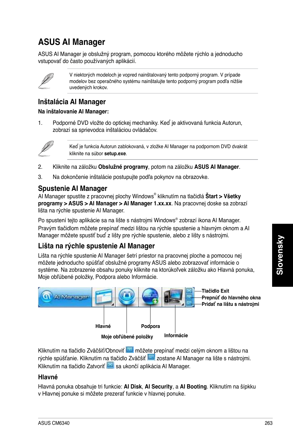 Asus ai manager, Slovensky, Inštalácia ai manager | Spustenie ai manager, Lišta na rýchle spustenie ai manager | Asus CM6340 User Manual | Page 265 / 492
