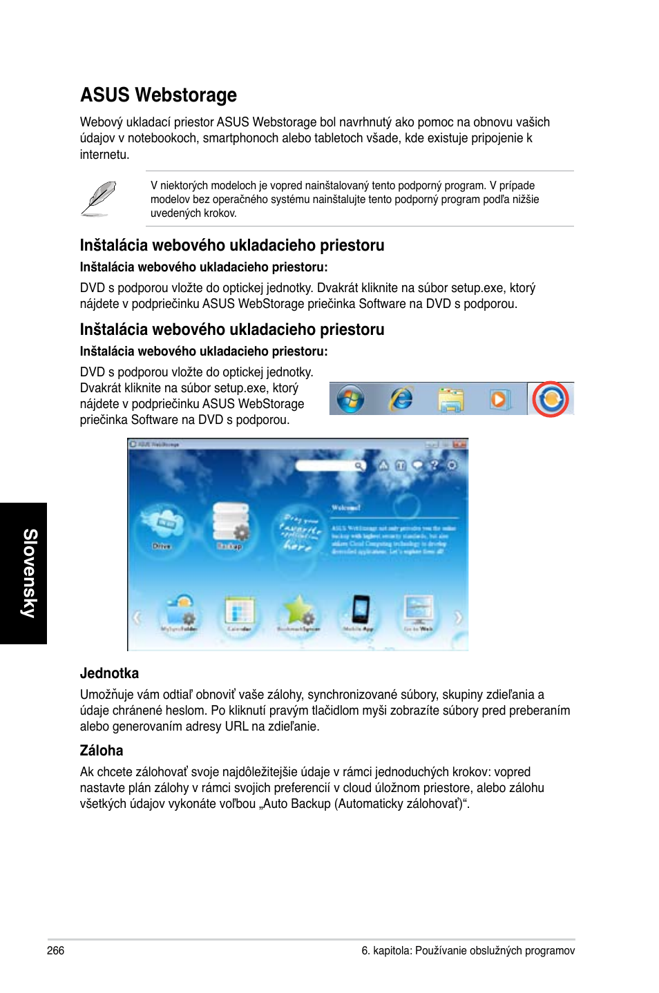 Asus webstorage, Slovensky, Inštalácia webového ukladacieho priestoru | Asus CM6340 User Manual | Page 268 / 492
