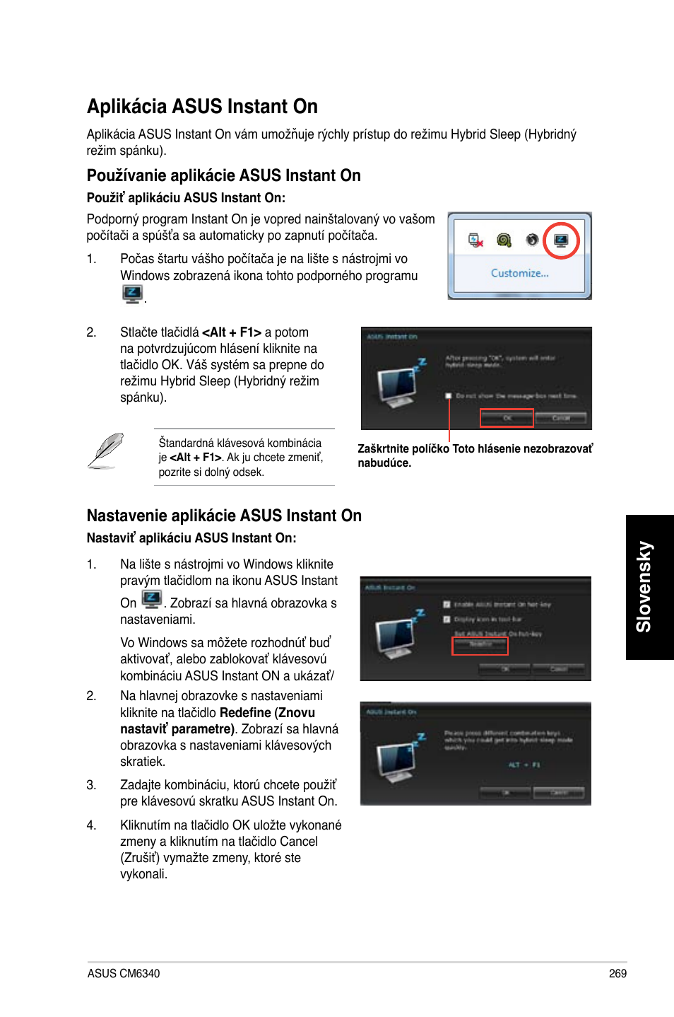 Aplikácia asus instant on, Slovensky, Používanie aplikácie asus instant on | Nastavenie aplikácie asus instant on | Asus CM6340 User Manual | Page 271 / 492