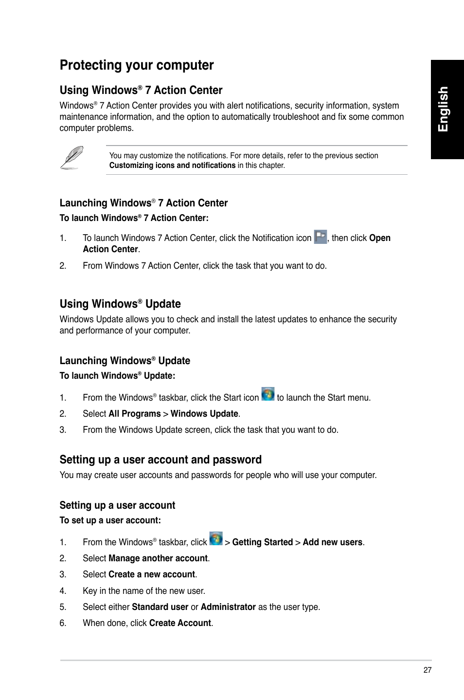 Protecting your computer, English, Using.windows | 7 action center, Update, Setting up a user account and password | Asus CM6340 User Manual | Page 29 / 492