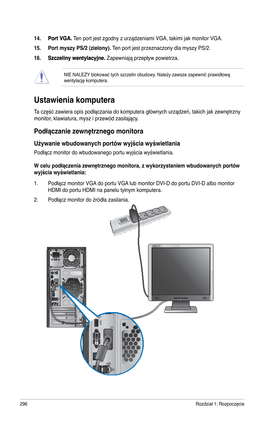 Ustawienia komputera, Podłączanie zewnętrznego monitora | Asus CM6340 User Manual | Page 298 / 492