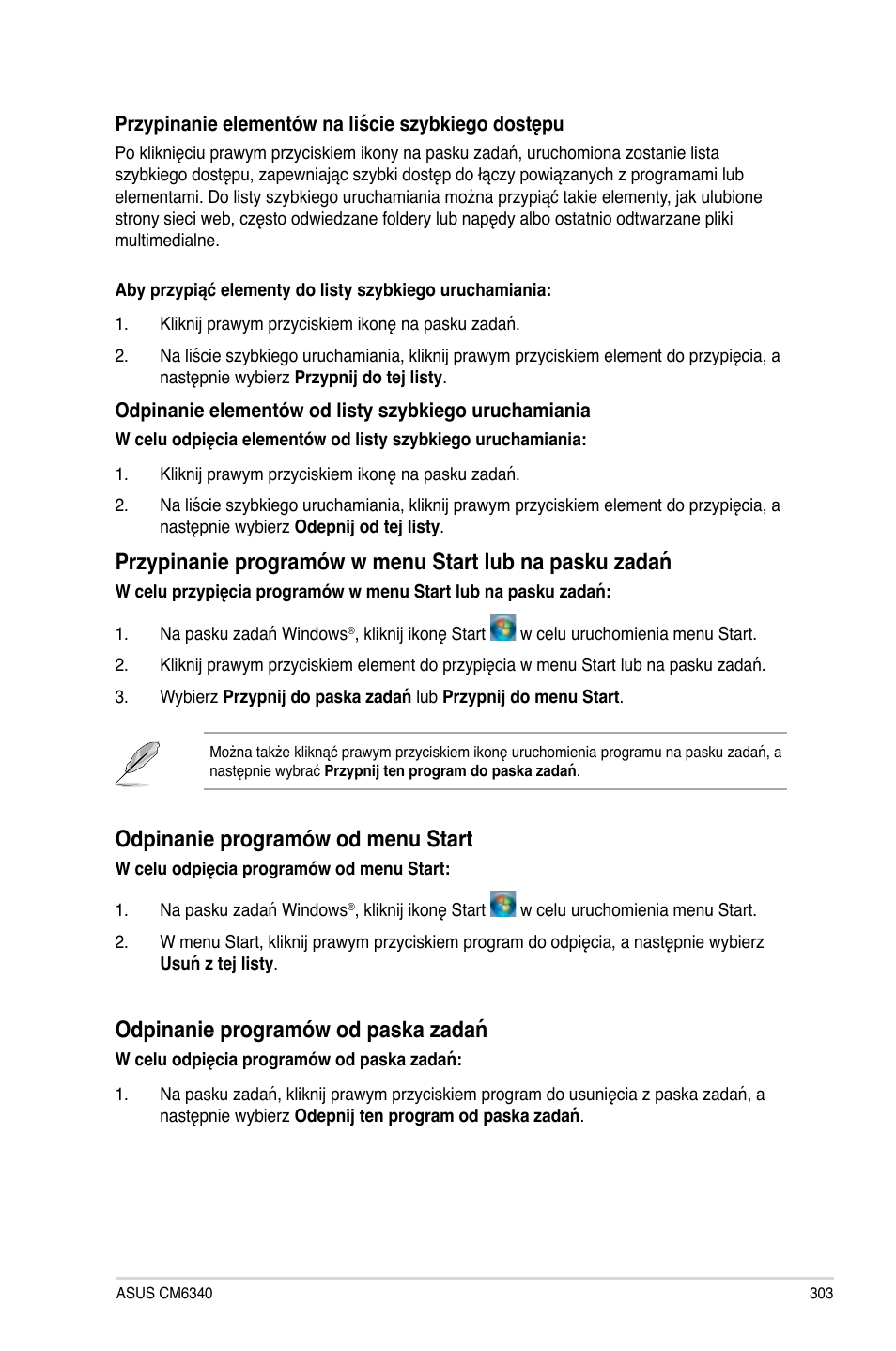 Odpinanie programów od menu start, Odpinanie programów od paska zadań | Asus CM6340 User Manual | Page 305 / 492