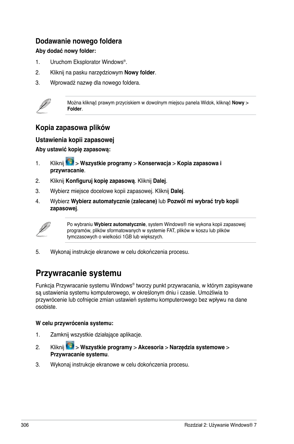 Przywracanie systemu, Dodawanie nowego foldera, Kopia zapasowa plików | Asus CM6340 User Manual | Page 308 / 492