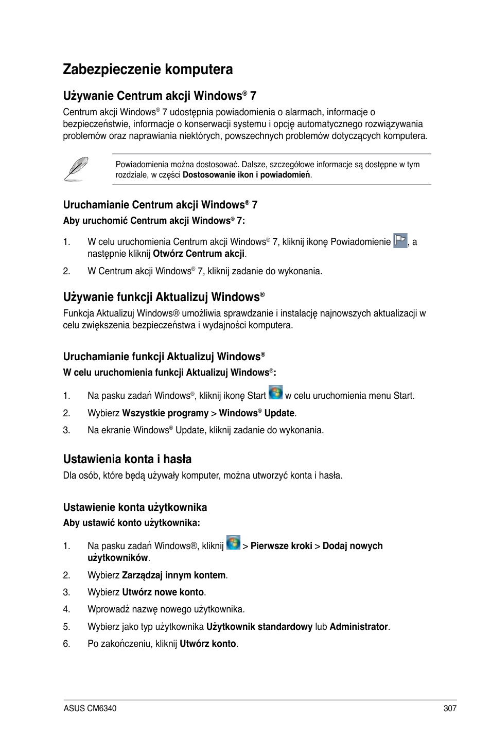 Zabezpieczenie komputera, Używanie centrum akc�i windows, Używanie funkc�i aktualizu� windows | Ustawienia konta i hasła | Asus CM6340 User Manual | Page 309 / 492