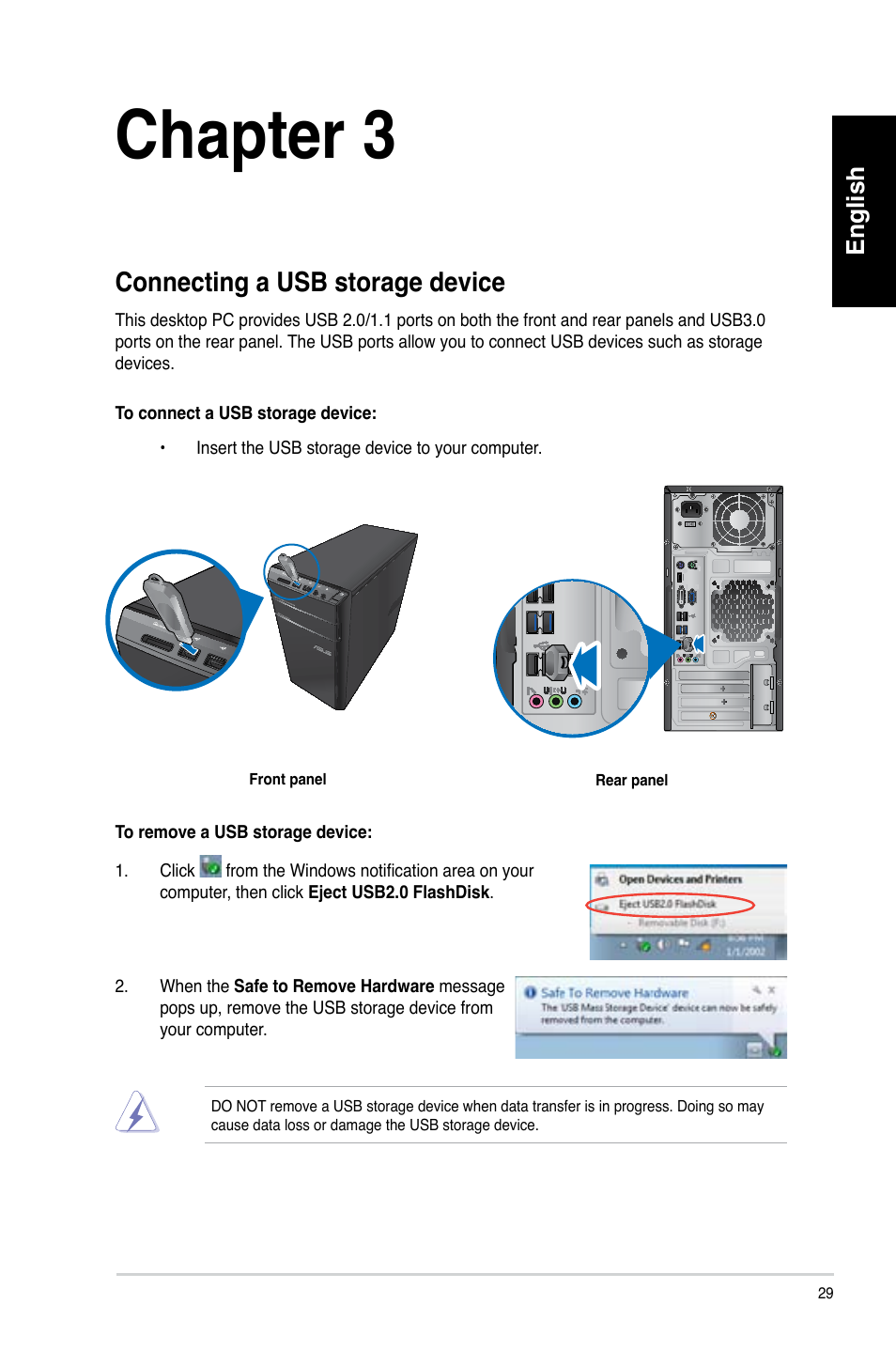 Chapter 3, Connecting devices to your computer, Connecting a usb storage device | English | Asus CM6340 User Manual | Page 31 / 492