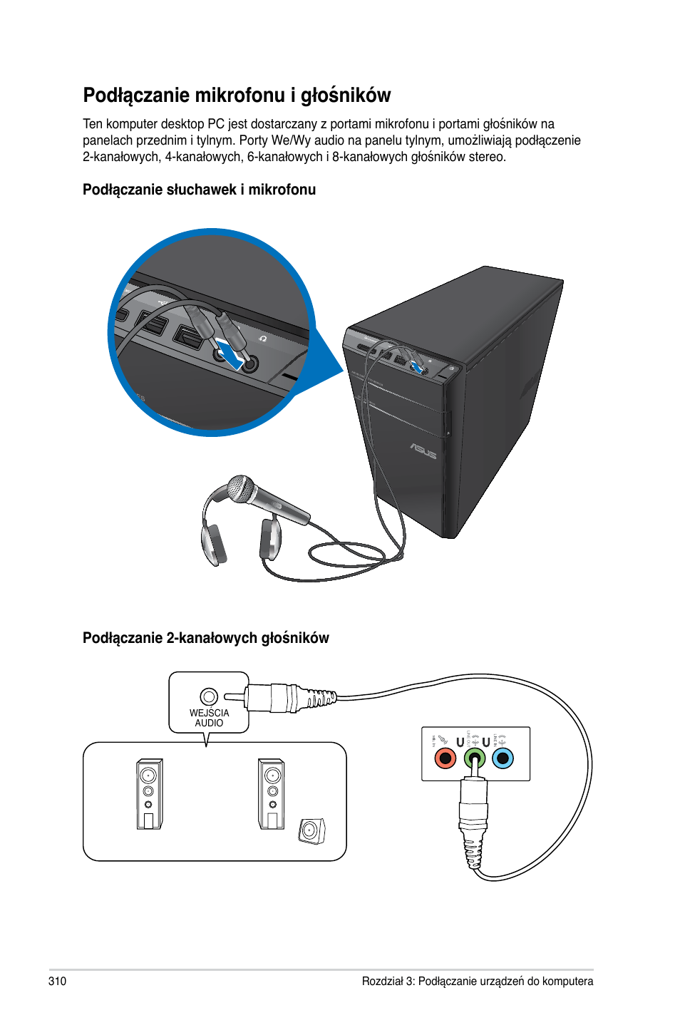 Podłączanie mikrofonu i głośników | Asus CM6340 User Manual | Page 312 / 492