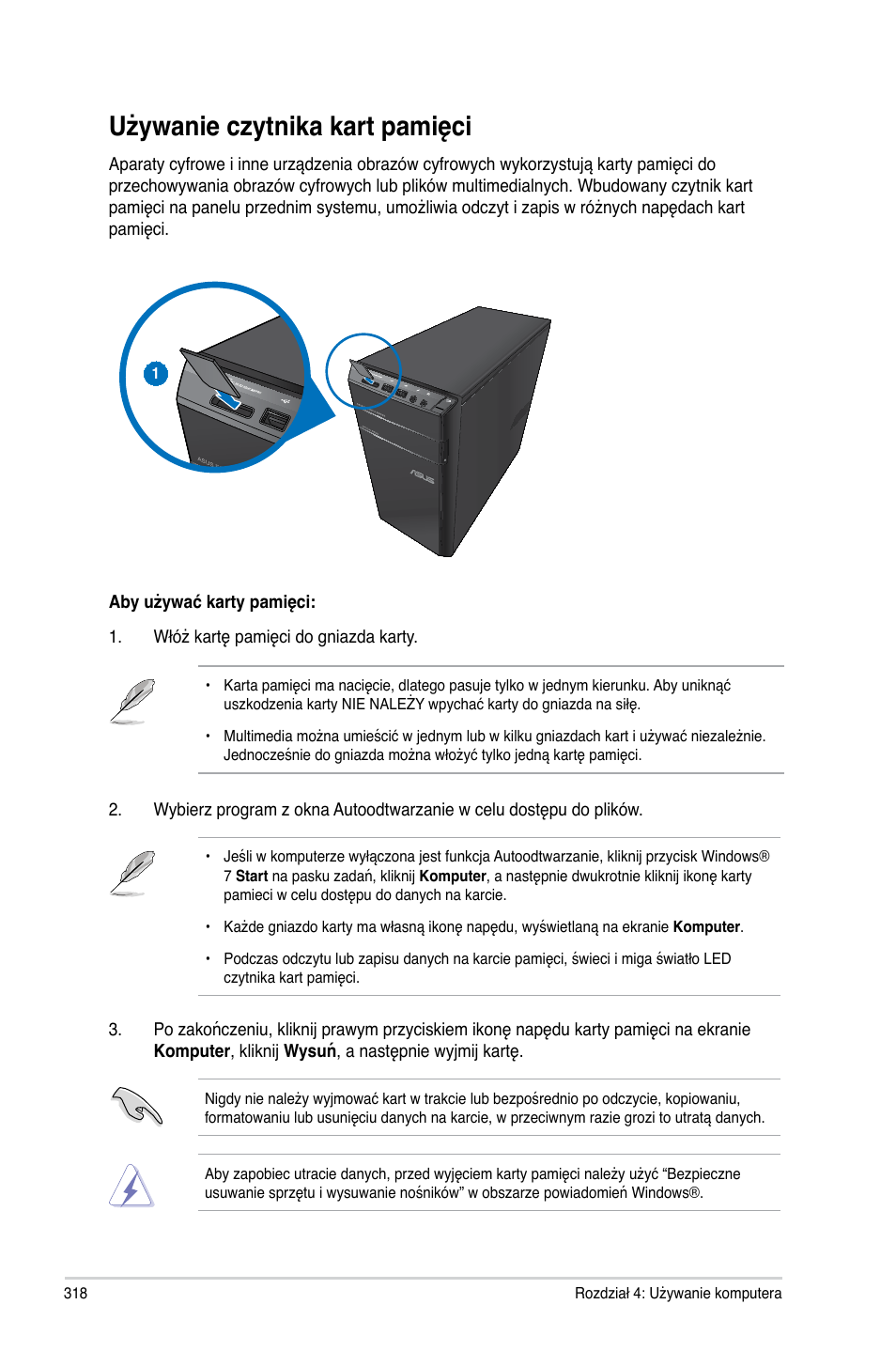 Używanie czytnika kart pamięci | Asus CM6340 User Manual | Page 320 / 492