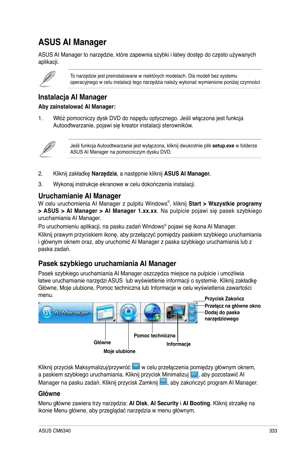 Asus ai manager, Instalac�a ai manager, Uruchamianie ai manager | Pasek szybkiego uruchamiania ai manager | Asus CM6340 User Manual | Page 335 / 492