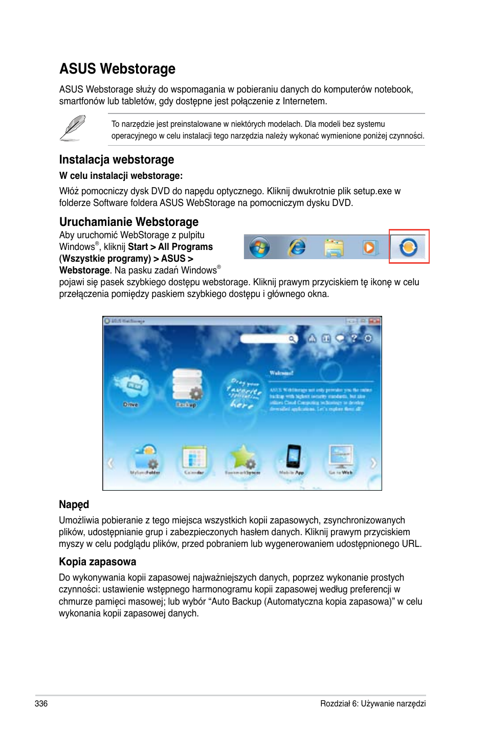Asus webstorage, Instalac�a webstorage, Uruchamianie webstorage | Asus CM6340 User Manual | Page 338 / 492