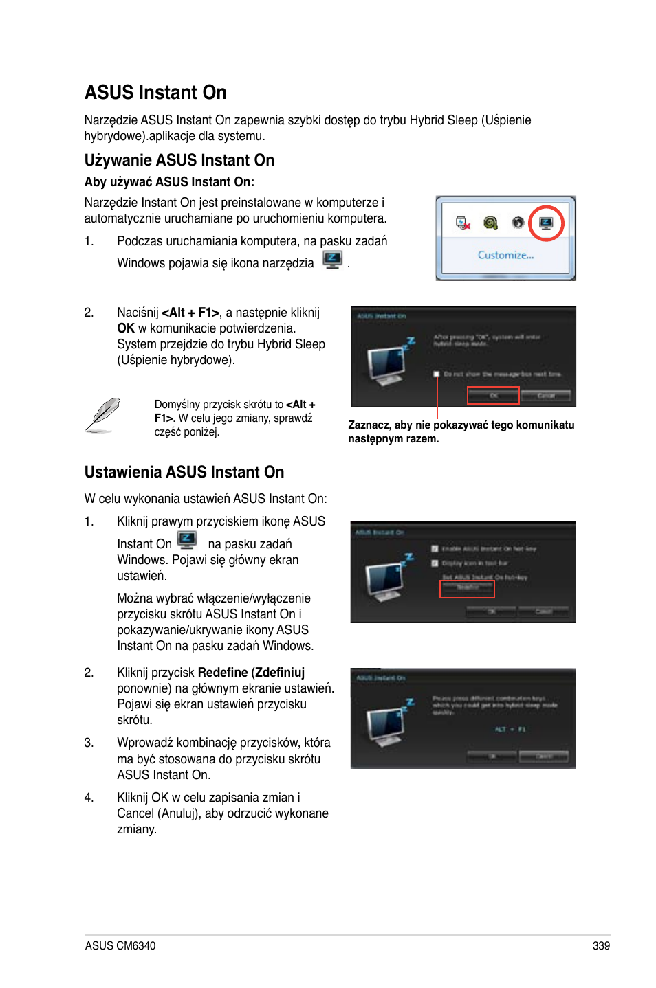 Asus instant on, Używanie asus instant on, Ustawienia asus instant on | Asus CM6340 User Manual | Page 341 / 492