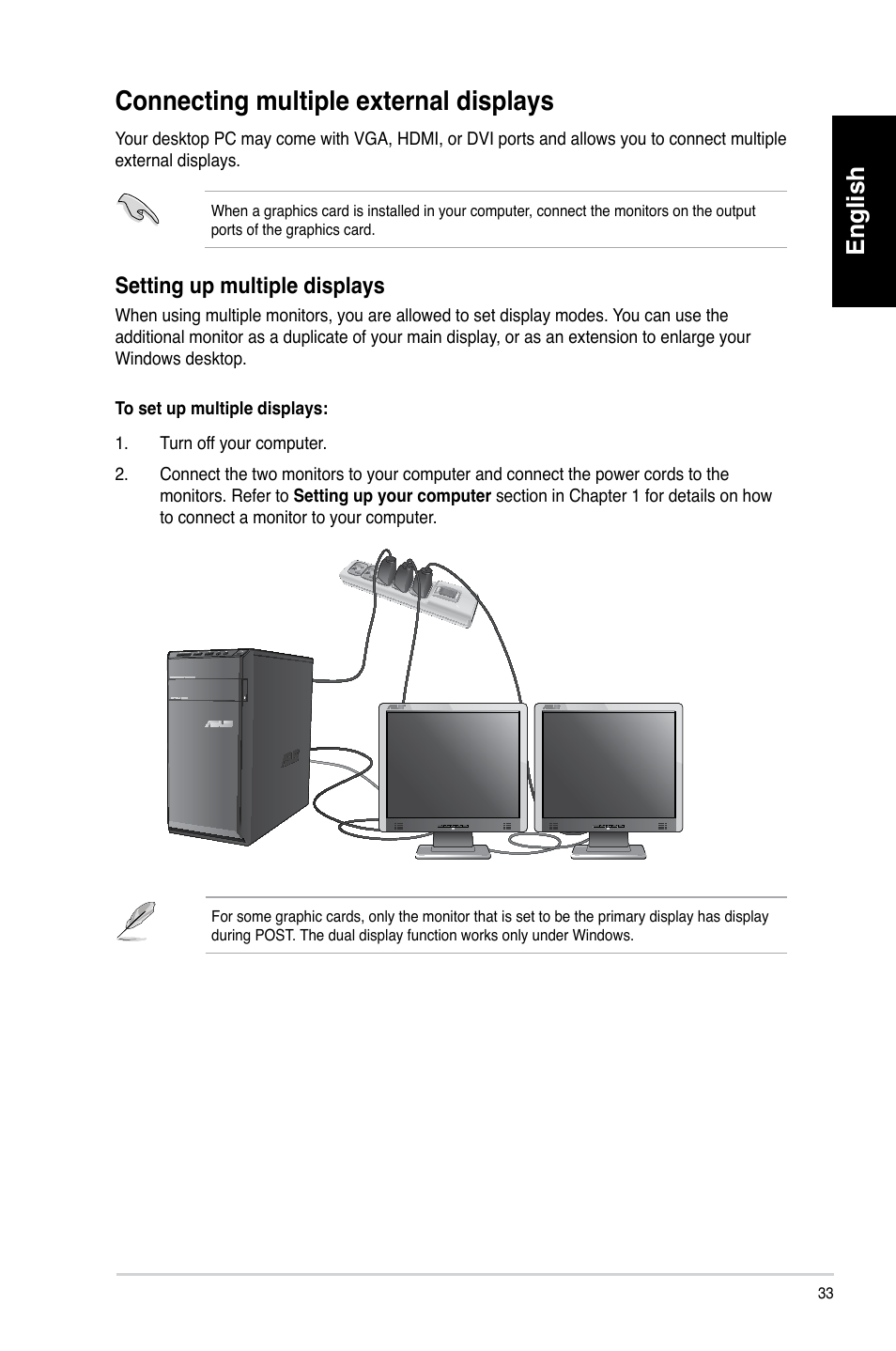 Connecting multiple external displays, English, Setting up multiple displays | Asus CM6340 User Manual | Page 35 / 492