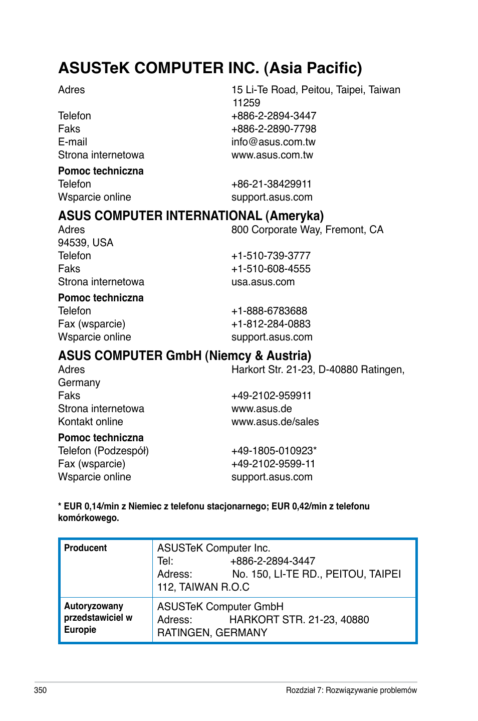 Asustek computer inc. (asia pacific), Asus computer international (ameryka), Asus computer gmbh (niemcy & austria) | Asus CM6340 User Manual | Page 352 / 492