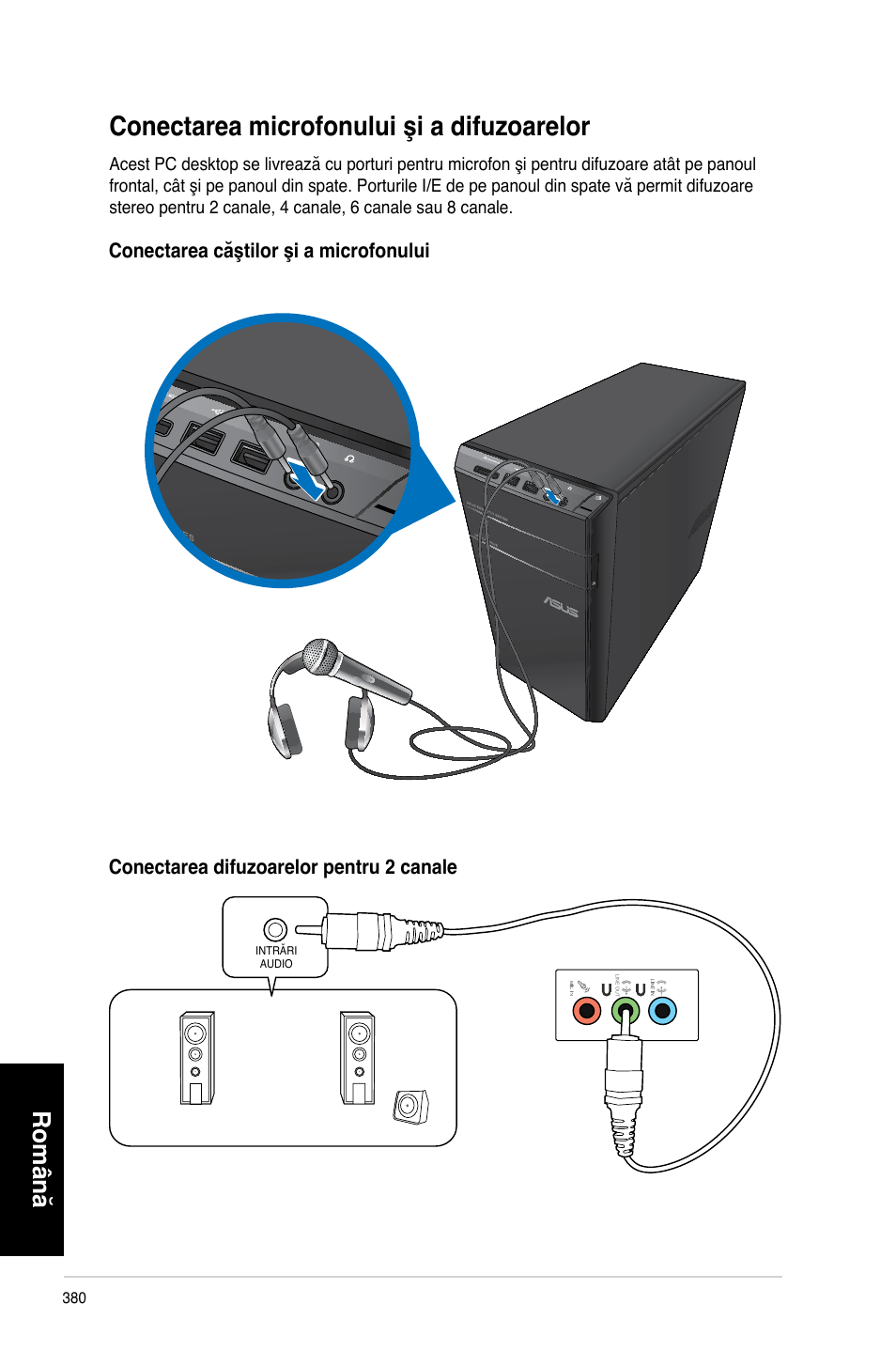 Conectarea microfonului şi a difuzoarelor, Română | Asus CM6340 User Manual | Page 382 / 492