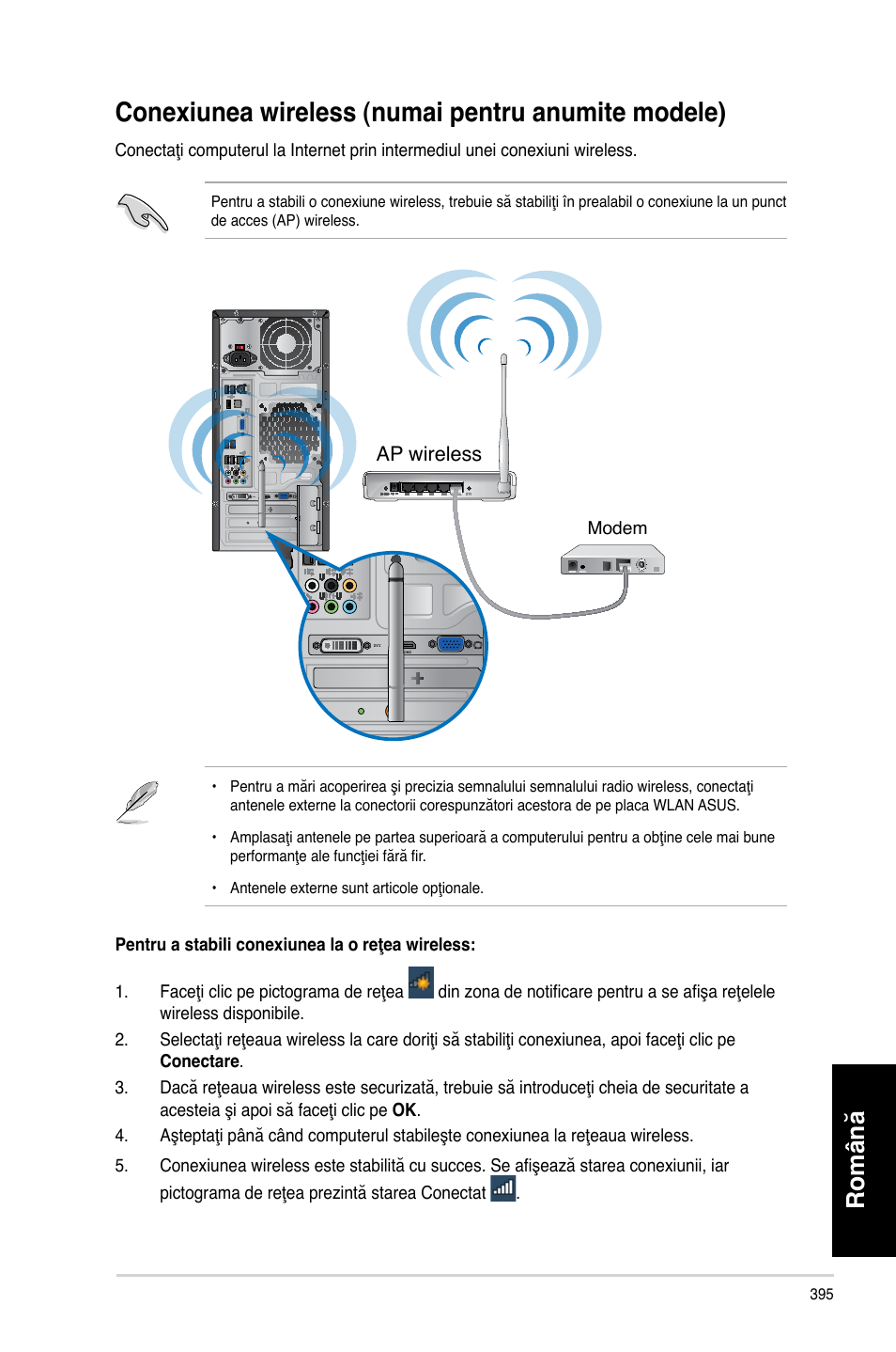 Conexiunea wireless (numai pentru anumite modele), Română | Asus CM6340 User Manual | Page 397 / 492