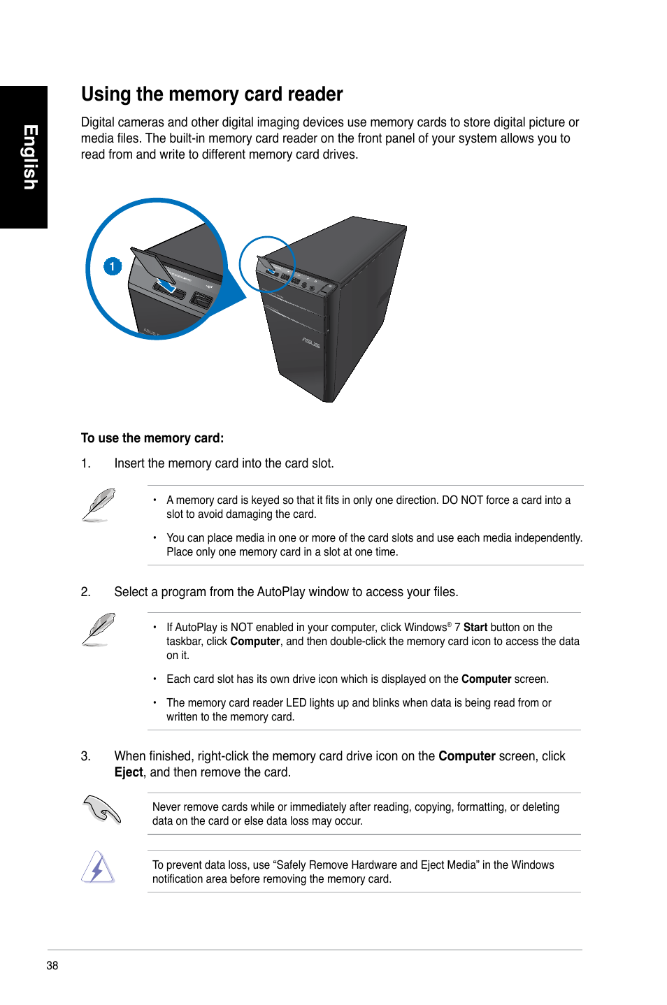 Using the memory card reader, English | Asus CM6340 User Manual | Page 40 / 492