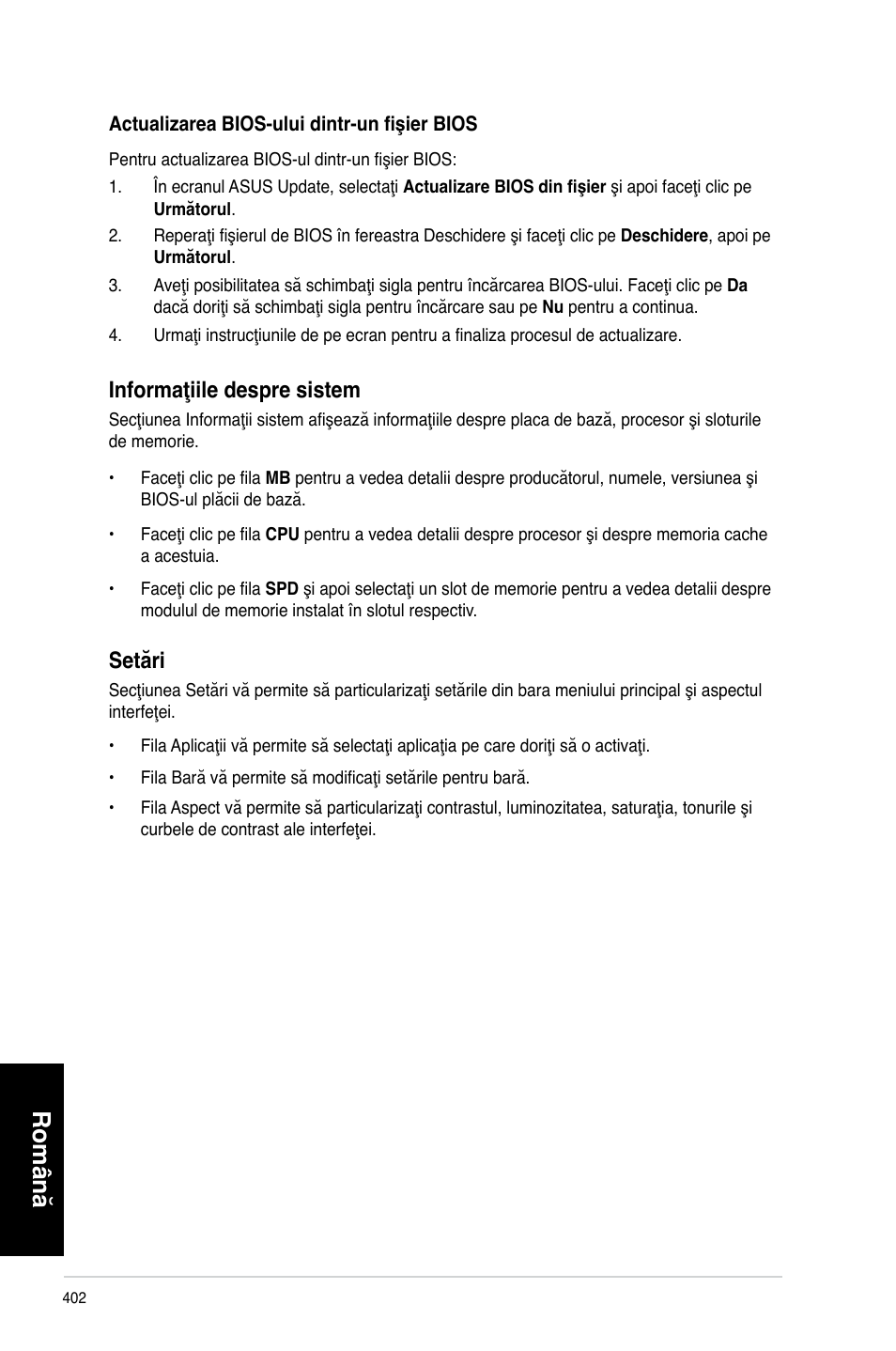 Română, Informaţiile despre sistem, Setări | Asus CM6340 User Manual | Page 404 / 492