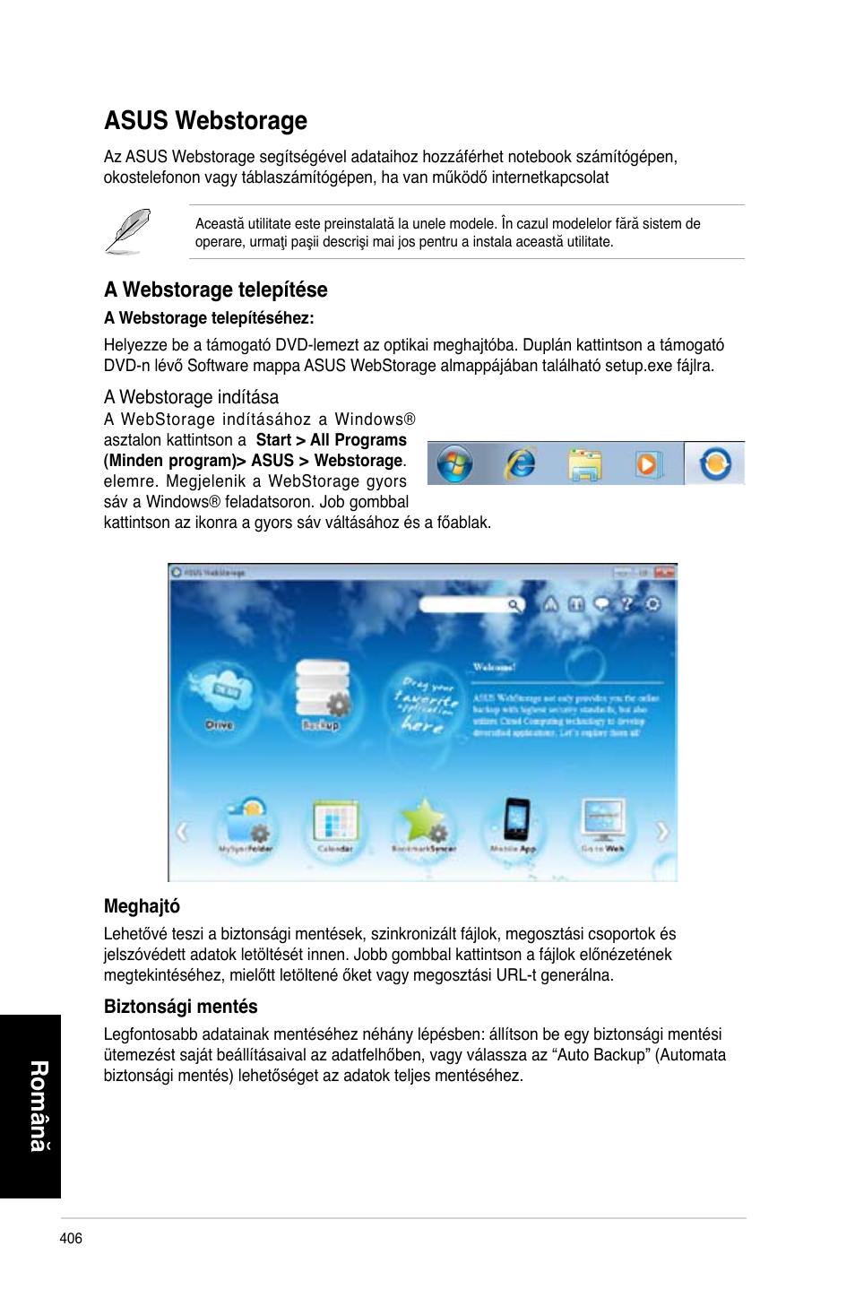 Asus webstorage, Română, A webstorage telepítése | Asus CM6340 User Manual | Page 408 / 492
