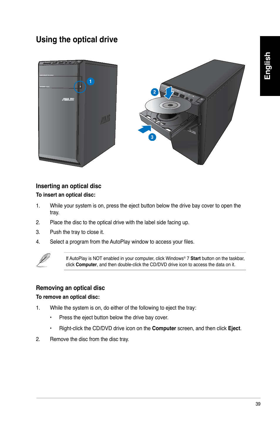 Using the optical drive, English | Asus CM6340 User Manual | Page 41 / 492