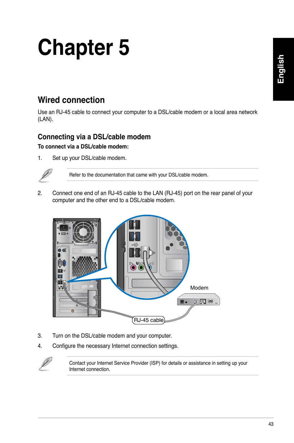 Chapter 5, Connecting to the internet, Wired connection | Asus CM6340 User Manual | Page 45 / 492