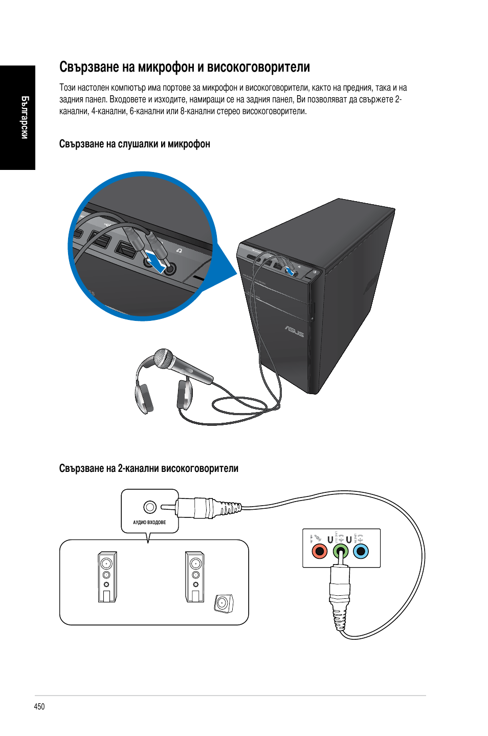 Свързване на микрофон и високоговорители | Asus CM6340 User Manual | Page 452 / 492