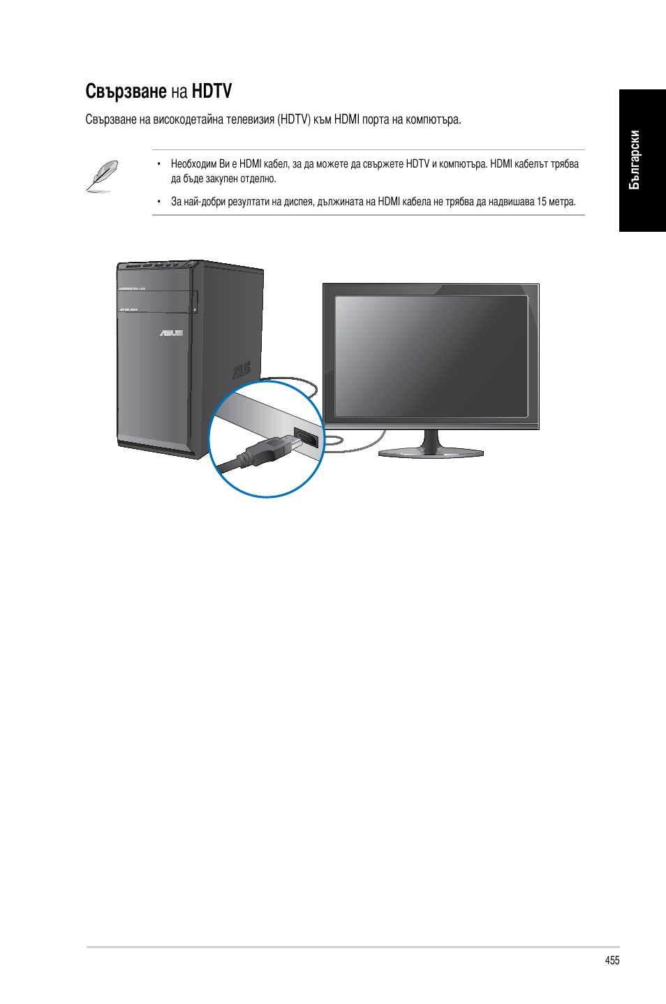 Свързване на hdtv, Свързване на h�tv | Asus CM6340 User Manual | Page 457 / 492