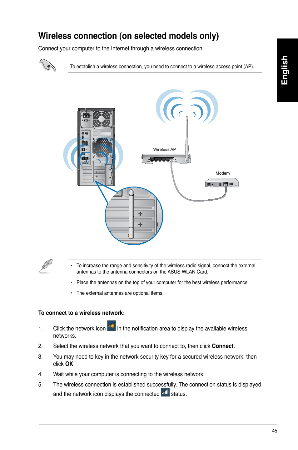 Wireless connection (on selected models only), English | Asus CM6340 User Manual | Page 47 / 492