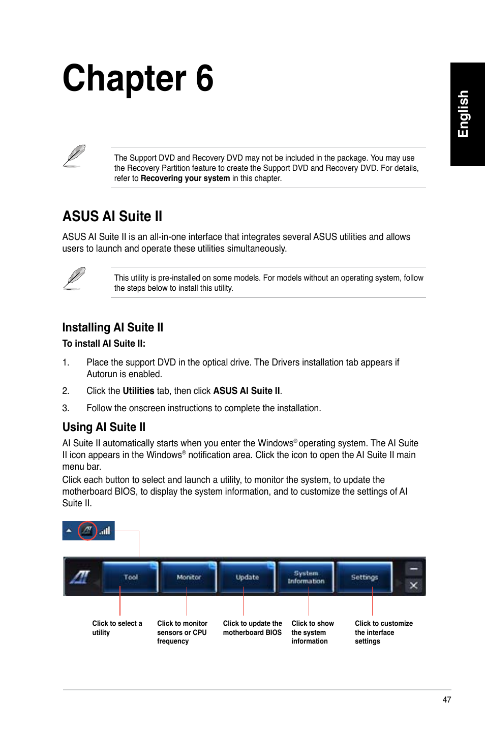 Chapter 6, Using the utilities, Asus ai suite ii | English, Installing ai suite ii, Using ai suite ii | Asus CM6340 User Manual | Page 49 / 492