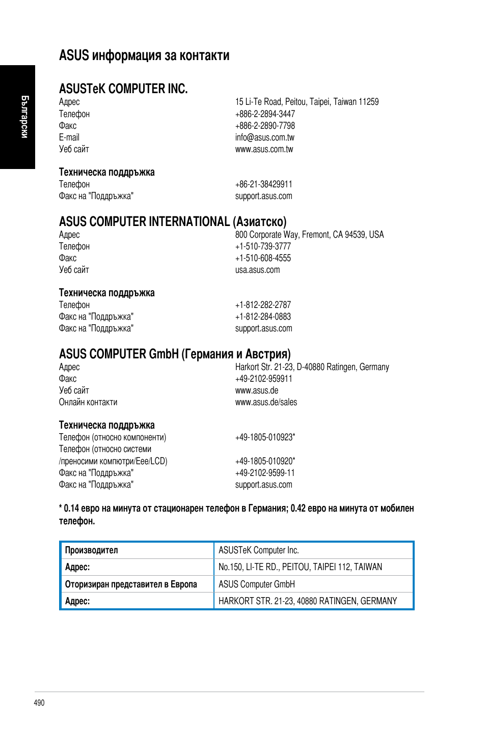 Asus информация за контакти, Asustek computer inc, Asus computer international (азиатско) | Asus computer �mbh (германия и австрия) | Asus CM6340 User Manual | Page 492 / 492