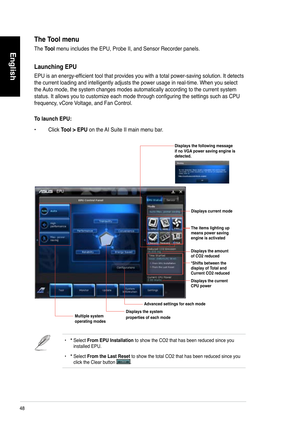 English, The tool menu, Launching epu | Asus CM6340 User Manual | Page 50 / 492