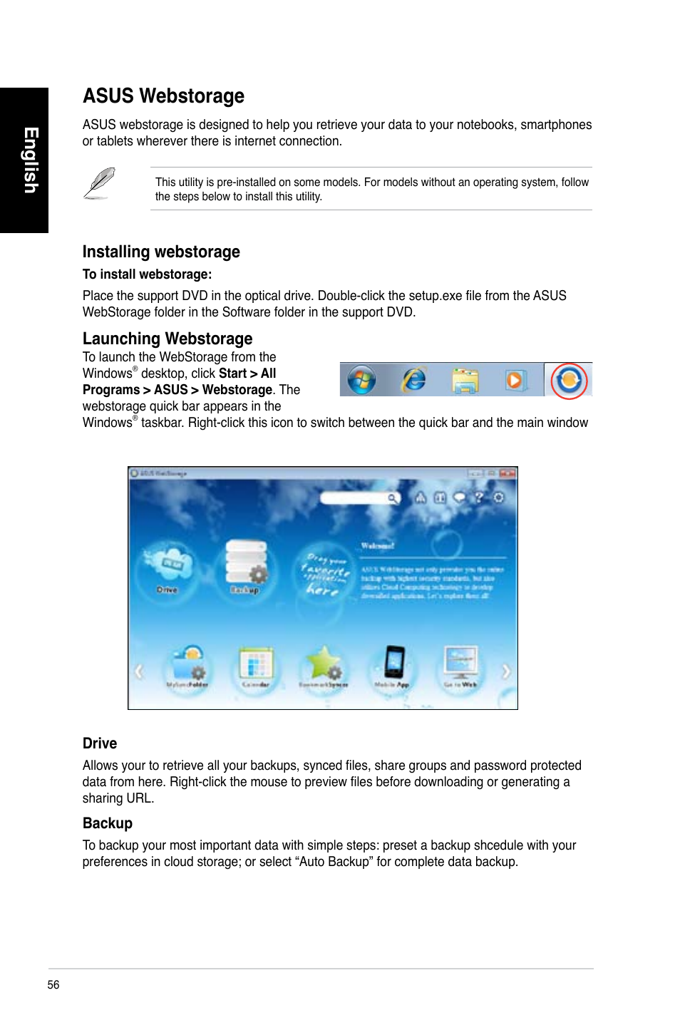 Asus webstorage, English, Installing webstorage | Launching webstorage | Asus CM6340 User Manual | Page 58 / 492