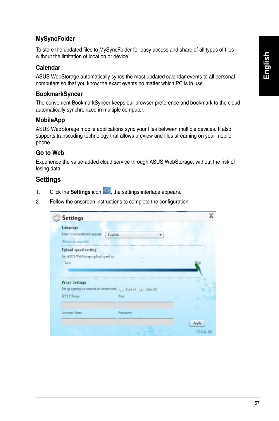 English, Settings | Asus CM6340 User Manual | Page 59 / 492