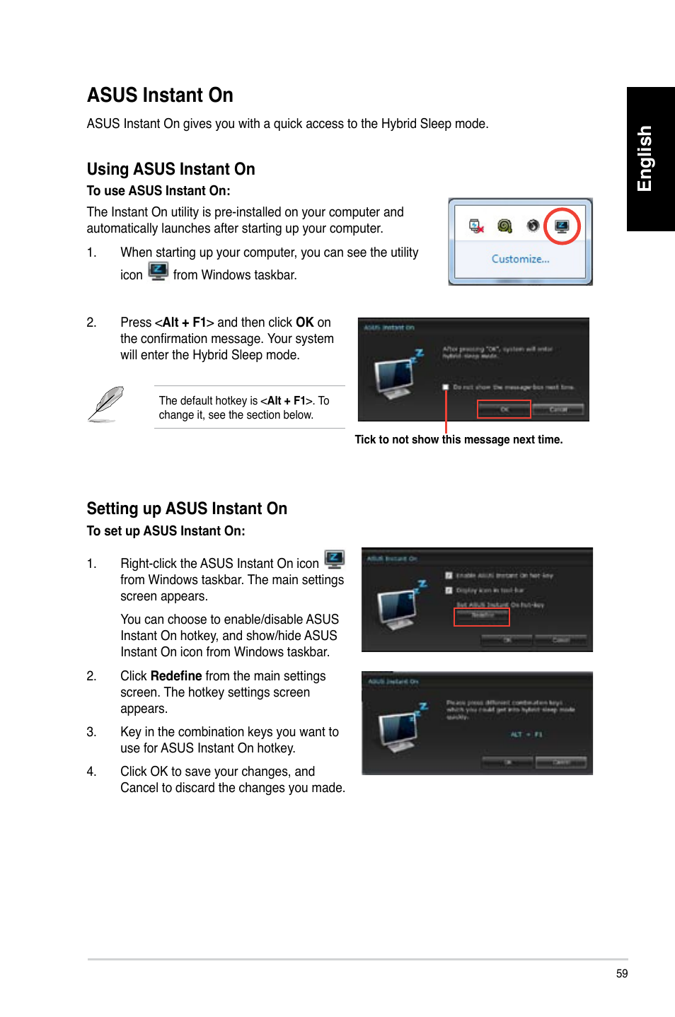 Asus instant on, English, Setting up asus instant on | Using asus instant on | Asus CM6340 User Manual | Page 61 / 492