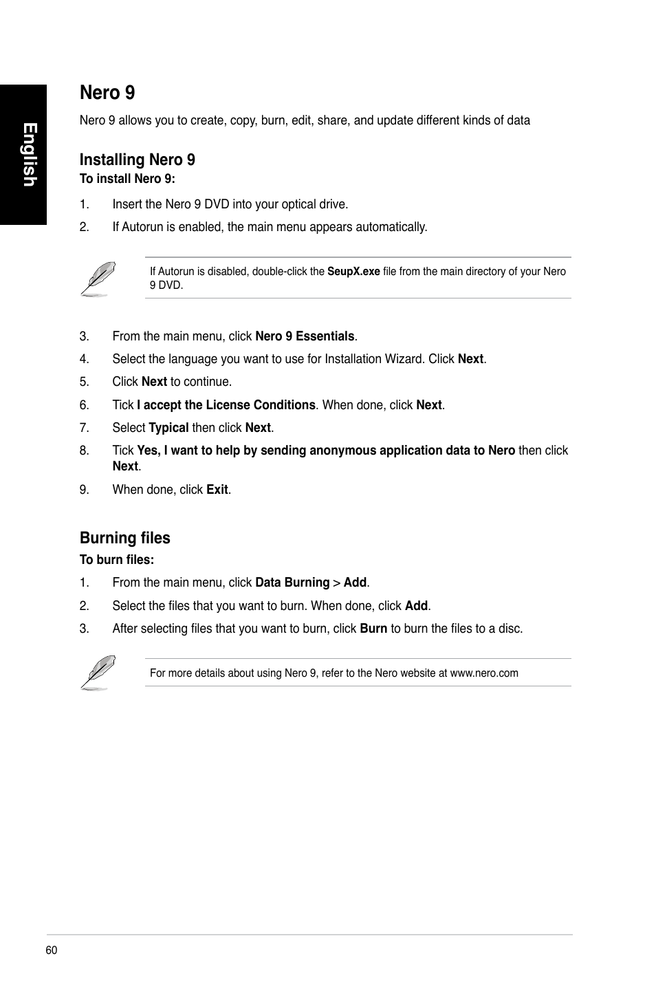 Nero 9, English, Installing nero 9 | Burning files | Asus CM6340 User Manual | Page 62 / 492