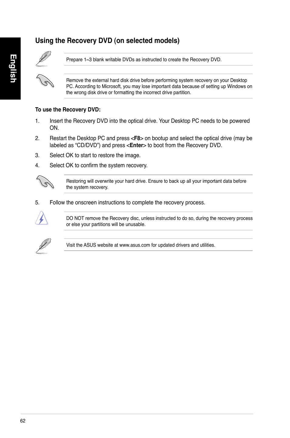 English, Using the recovery dvd (on selected models) | Asus CM6340 User Manual | Page 64 / 492